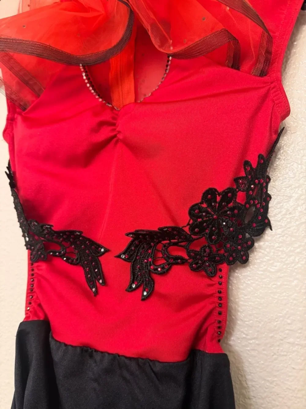 Kelle dance contemporary jazz acro costume black red Fire on Fire 5218Child LC